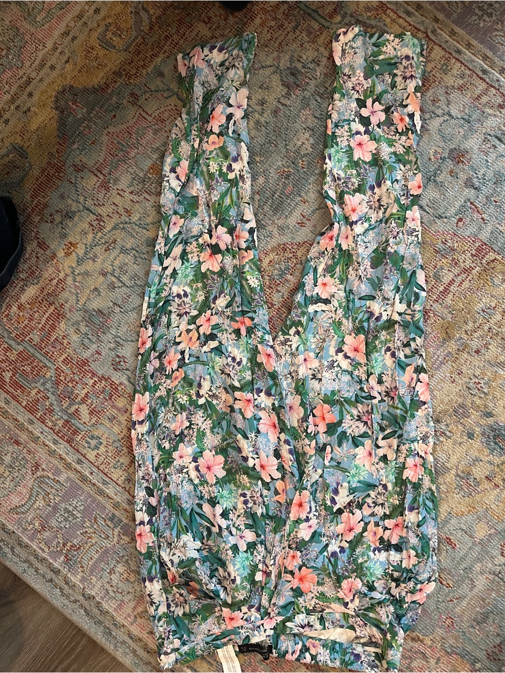 Zara Green Floral Wide-Leg Jumpsuit with Pink Blooms